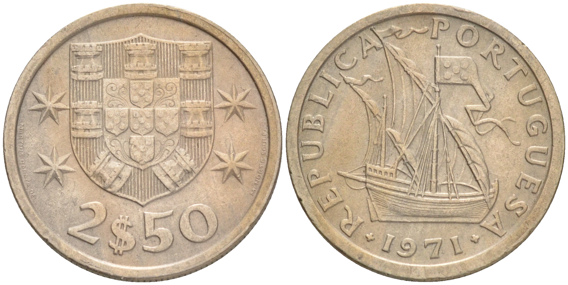 ПОРТУГАЛИЯ 2,5 ЭСКУДО 1971 ПАРУСНИК KM 590 медно-никель 75-1556