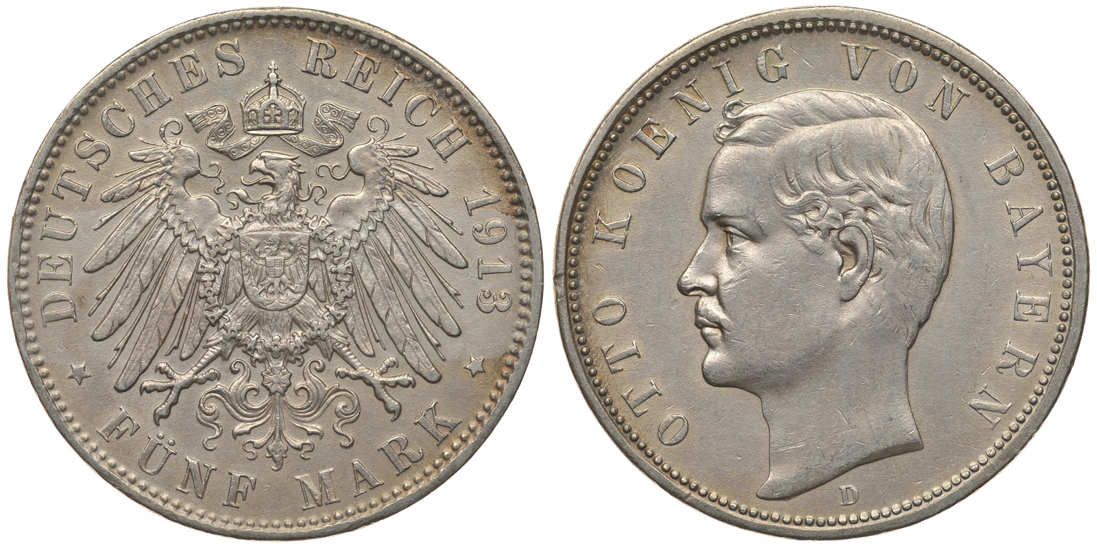 Бавария 5 марок 1913 D, Отто (1886-1913) Weege 47, J. 46, KM 512 серебро 413-6331