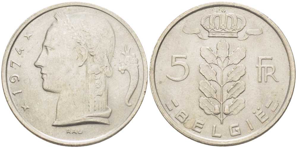 БЕЛЬГИЯ 5 ФРАНКОВ 1974 BELGIE, БОДУЭН I (1951-1993) KM 135.1 медно-никель 202-1221
