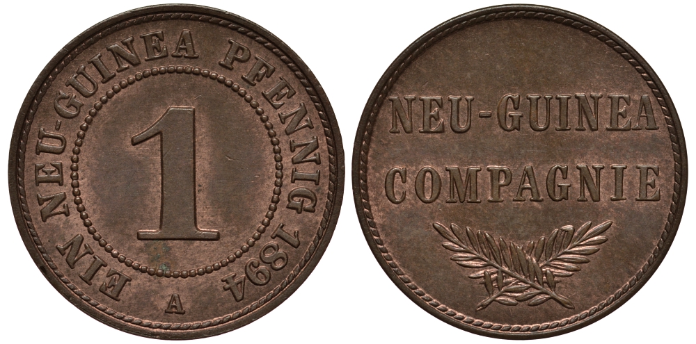 Германская Новая Гвинея 1 пфенниг 1894 А, J. 701, KM 1 медь цинк UNC 00-816-65