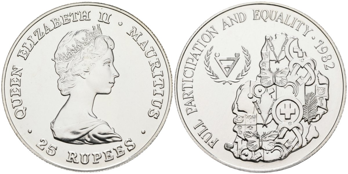 Маврикий 25 рупий 1982 международный год инвалидов, тираж 11000 экз. KM 49 серебро UNC 00-00