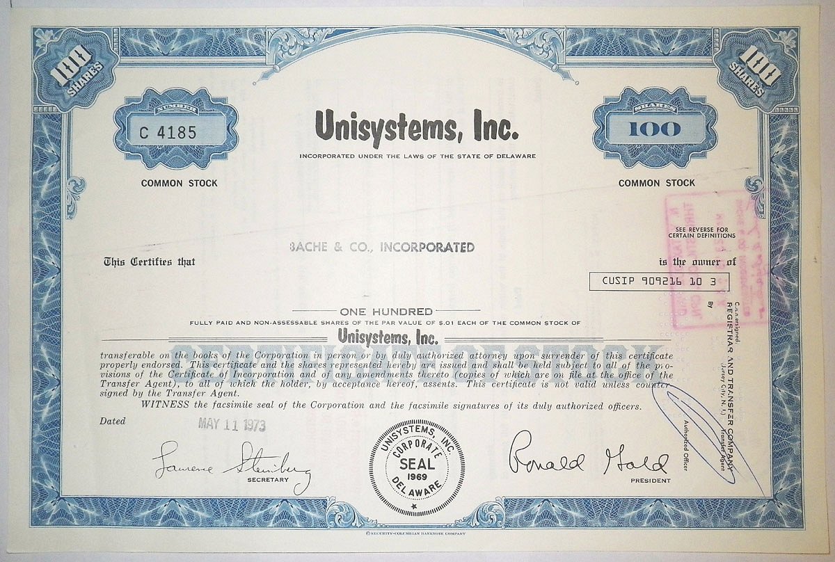 США, UNISYSTEMS, INC. 100 акций 1973 США бумага 00-00