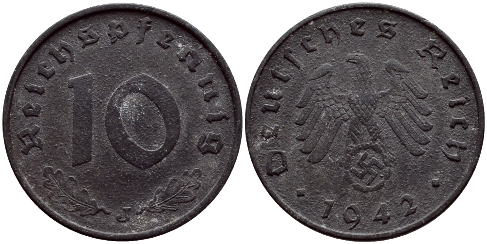 ГЕРМАНИЯ 10 РЕЙХСПФЕННИГОВ 1942 J КМ 101 J.371 цинк 4391-1042