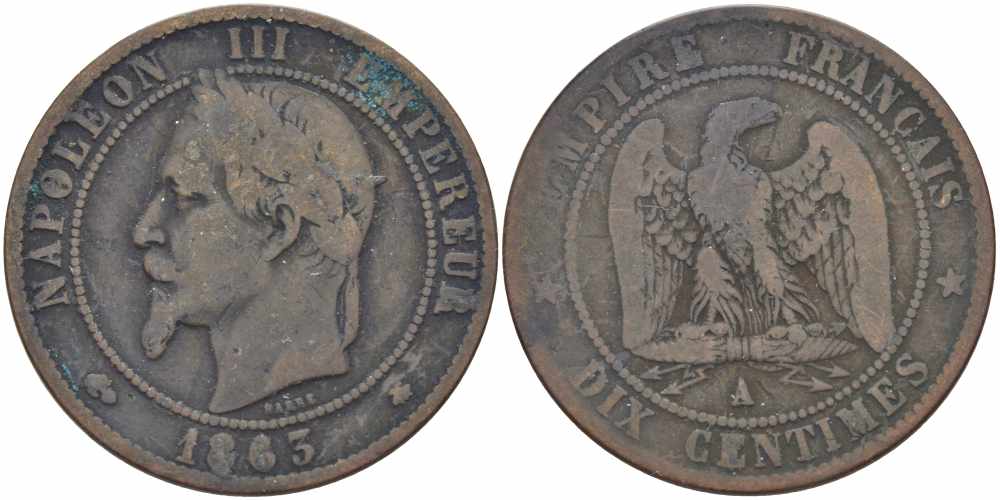 ФРАНЦИЯ 10 САНТИМОВ 1863 A, НАПОЛЕОН III (1852-1870) KM 798.1, LE FRANC 134.8 бронза 4389-343