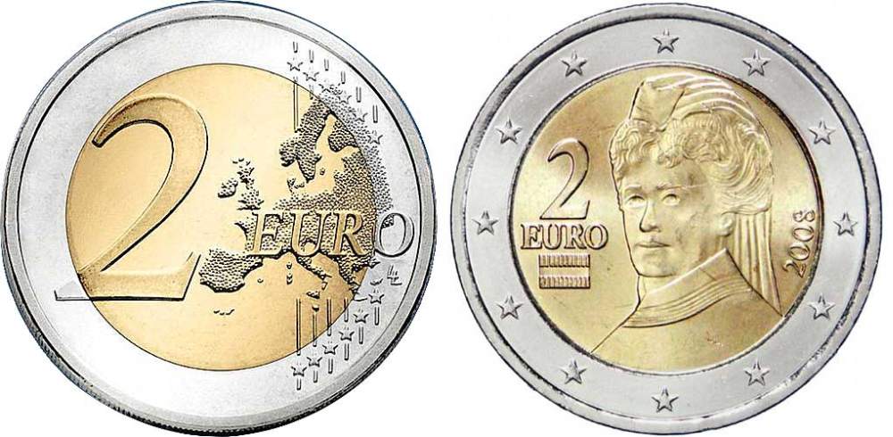 Австрия 2 евро 2008 Берта фон Зутнер KM 3143 биметалл UNC M44-20