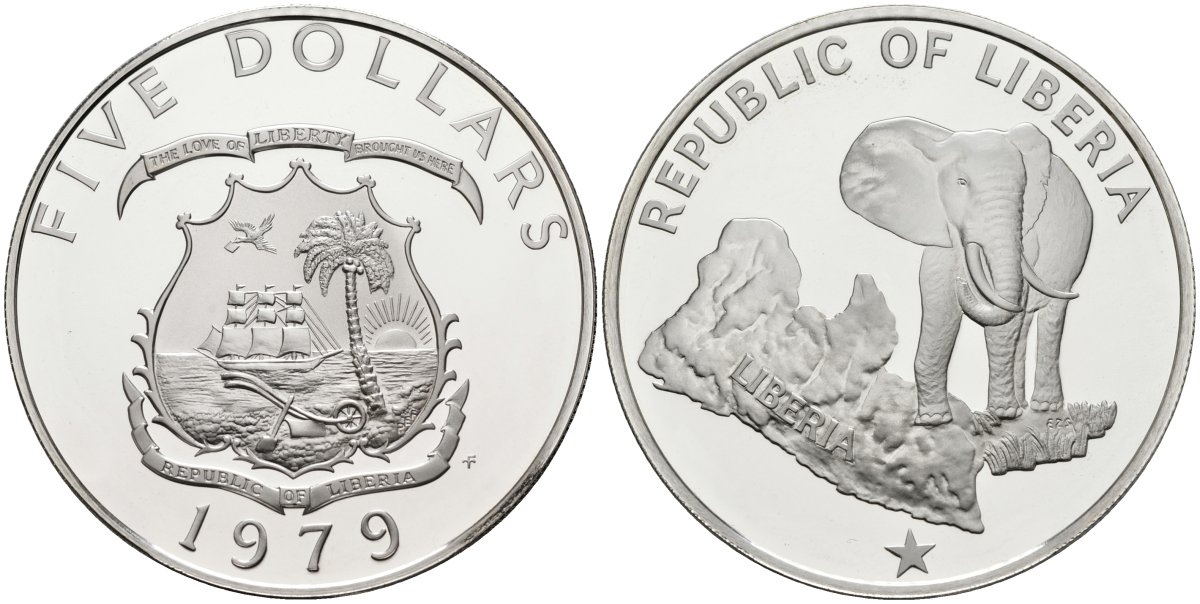 Либерия 5 долларов 1979 слон на фоне карты KM 29а серебро PROOF 11-320-23