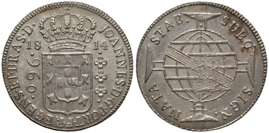 Бразилия 960 рейс 1814 монетный двор не прочеканен, перечекан, патина, Жоао принц-регент (1799-1818) KM 307 серебро 00-000-00