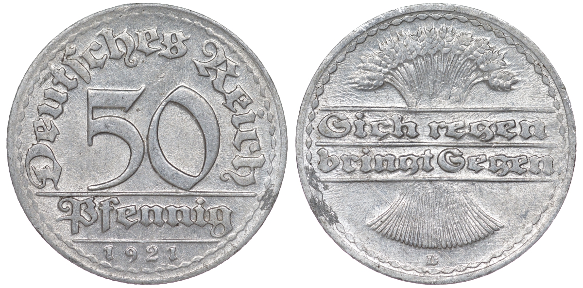 Германия 50 пфеннигов 1921 D KM 27, J. 301 алюминий 4114-836