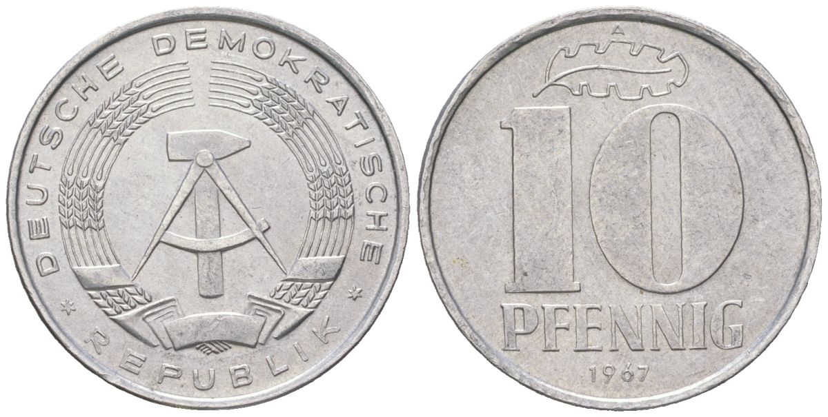 ГДР 10 пфеннигов 1967 A KM 10 алюминий 201-838