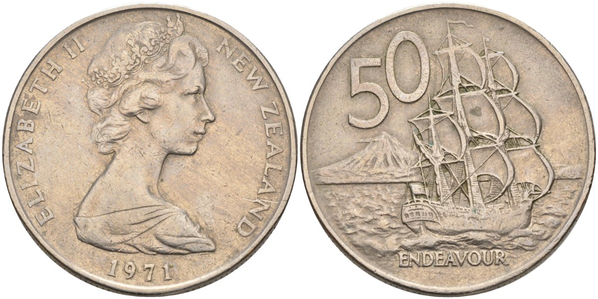 Новая Зеландия 50 центов 1971 Елизавета II (1952-2022), парусник Индевор KM 37.1 медно-никель 4131-1214