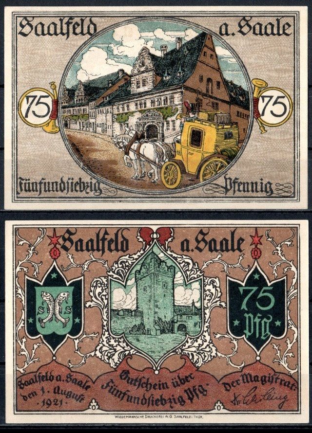 Заальфельд (Заале) (Тюрингия) 75 пфеннигов 1921 Mehl Grabowski 1155.5-3/5 бумага UNC (пресс) 7553-20-2-1