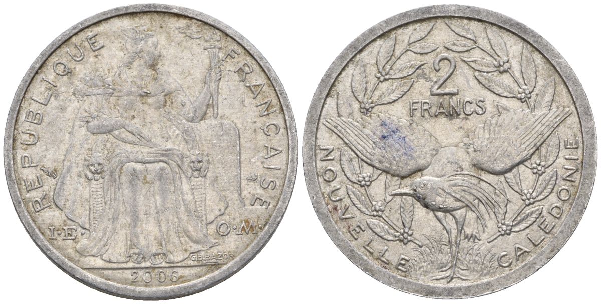 Французская Новая Каледония 2 франка 2006 птица кагу, (IEOM) KM 14, Schoen 11, Lec 68k алюминий    25-2257