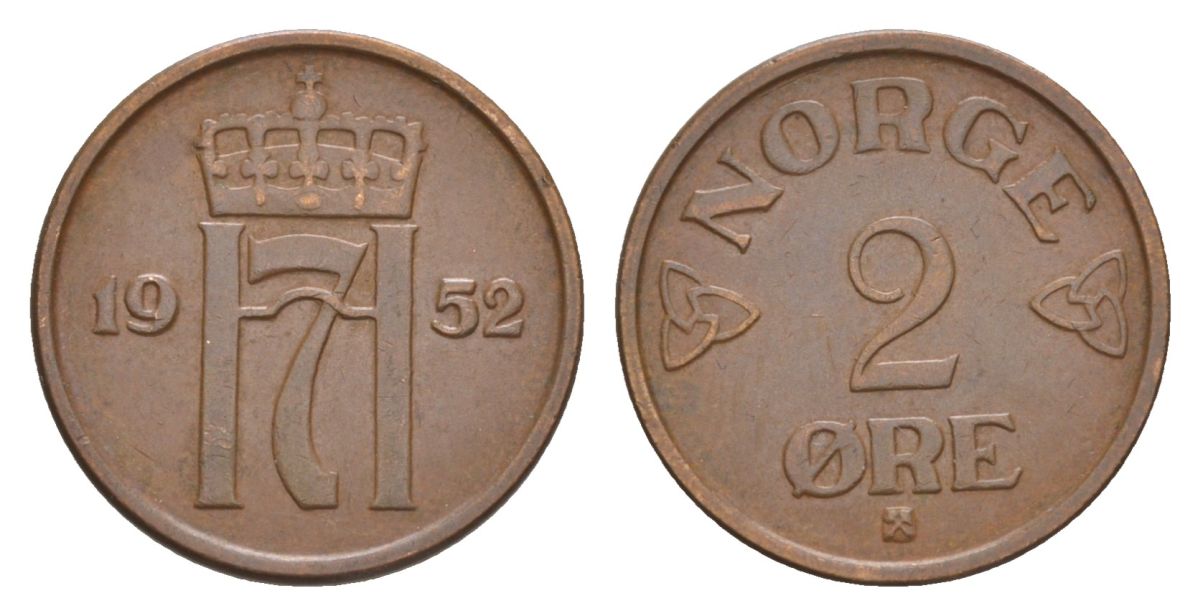 Норвегия 2 эре 1952 Хокон VII (1905-1957) KM 399 бронза 4635-324