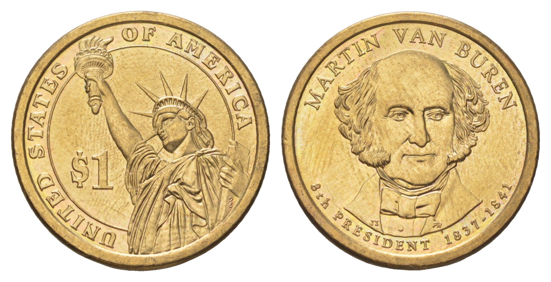 США 1 доллар 2008 P, Президент США - Мартин Ван Бюрен (1837-1841) KM 429 медь с марганцево-латунным покрытием UNC 4629-243