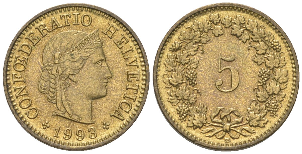 Швейцария 5 раппенов 1993 B KM 26c алюминиевая бронза aUNC 4115-1256