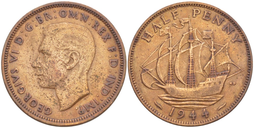 Великобритания 1/2 пенни 1944 Георг VI (1936-1952) KM 844, Spink 4115 бронза 59-1521