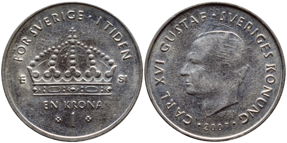 Швеция 1 крона 2007 Карл XVI Густав (1973- ) KM 894 медно-никель 176-1257
