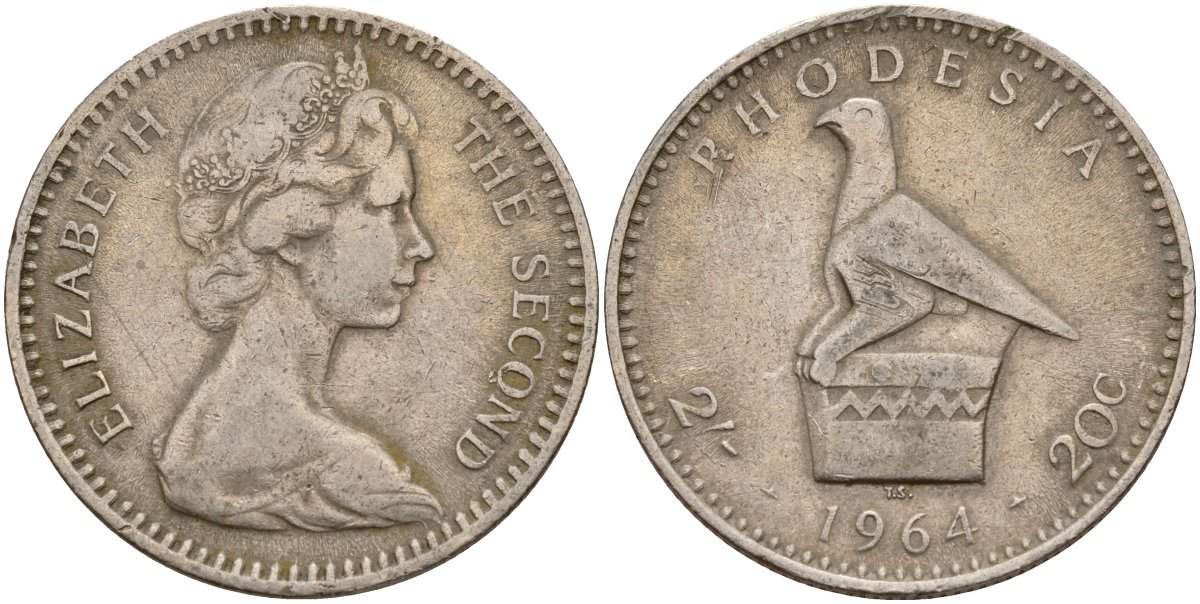 Британская Родезия 2 шиллинга (20 центов) 1964 Елизавета II (1953), головной убор с птицей KM 3 медно-никель 4179-1325