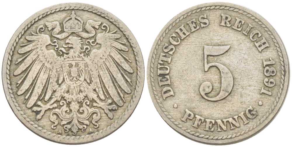 ГЕРМАНИЯ 5 ПФЕННИГОВ 1891 А KM 11, J. 12 медно-никель 206-1166