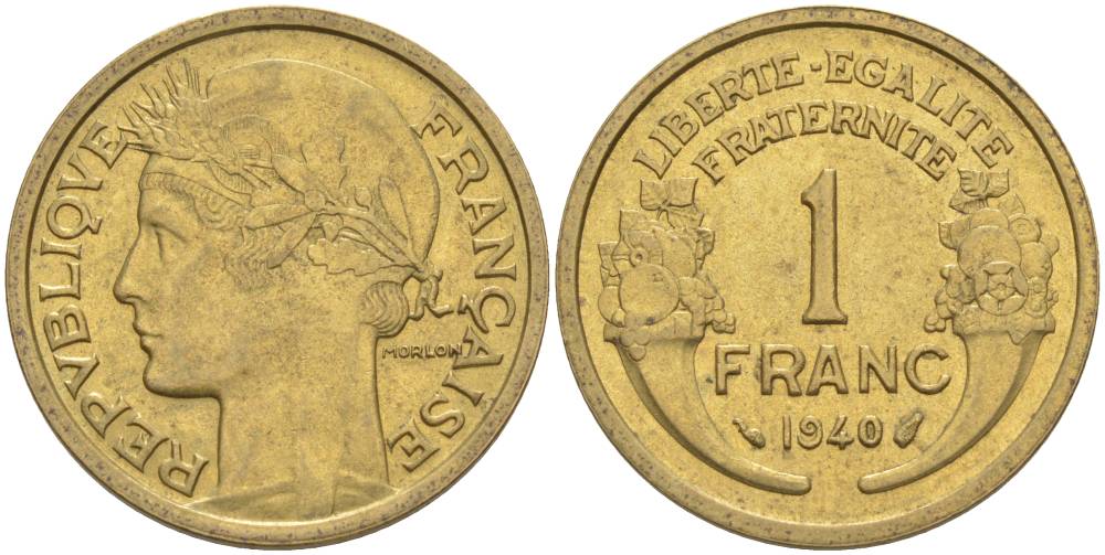 Франция 1 франк 1940 тип Морлон KM 885, LE FRANC 219.11 алюминиевая бронза 3853-222