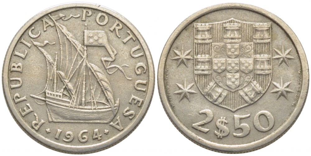 Португалия 2,5 эскудо 1964 парусник KM 590 медно-никель 105-1213