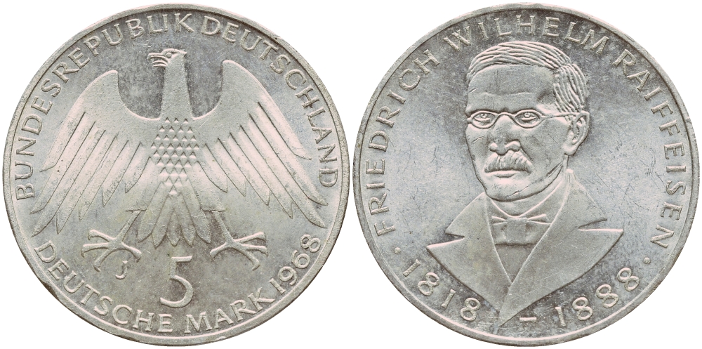 ФРГ 5 марок 1968 J, 150 лет со дня рождения Фридриха Вильгельма Райффайзена J. 396, KM 121 серебро aUNC 1529-141