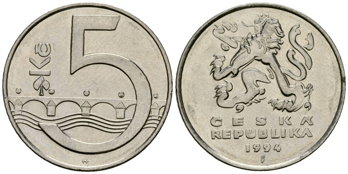 Чехия 5 крон 1994 чешский лев, Карлов мост KM 8 сталь плакированная никелем 4167-951