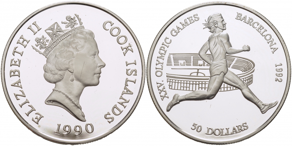 Острова Кука 50 долларов 1990 XXV летние Олимпийские игры 1992 года в Барселоне, бег KM 112 серебро PROOF 1071-10-41