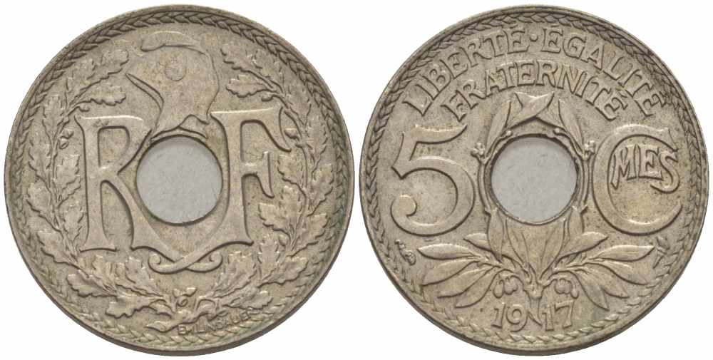 ФРАНЦИЯ 5 САНТИМОВ 1917 ТИП ЛИНДАЙЁ KM 865, LE FRANC 121.1 медно-никель 105-353