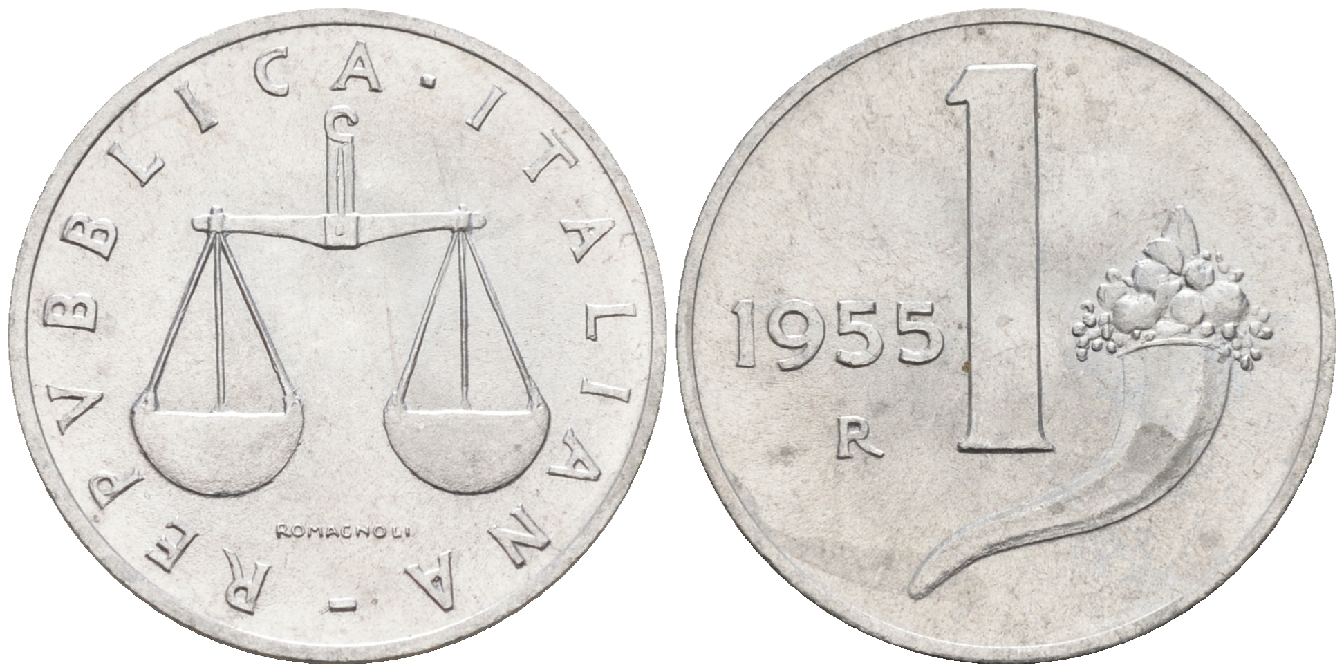 Италия 1 лира 1955 R, весы KM 91 алюминий  UNC  4594-146