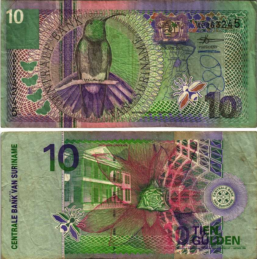 Суринам 10 гульденов 2000 колибри-манго, цветок Pick 147 бумага 8564-45-3-2