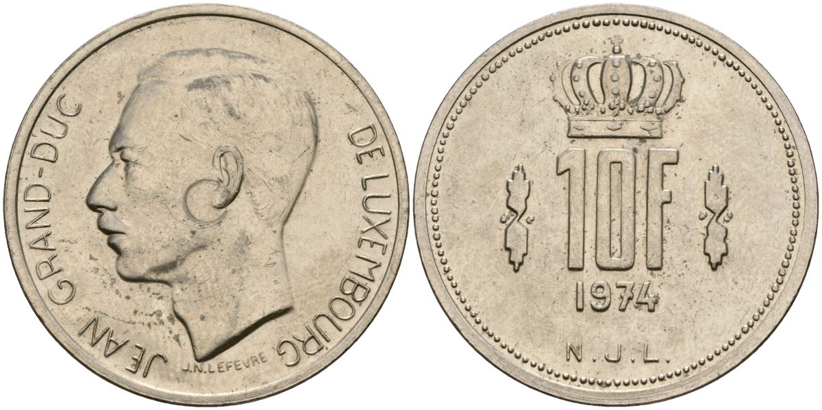 Люксембург 10 франков 1974 Великий герцог Жан (1964-2000) KM 57 никель 4120-1143