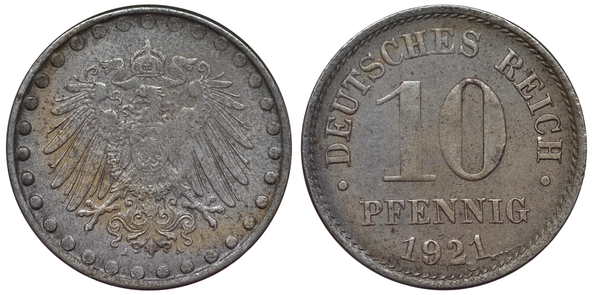 Германия 10 пфеннигов 1921 A KM 20, J. 298 железо 4119-136