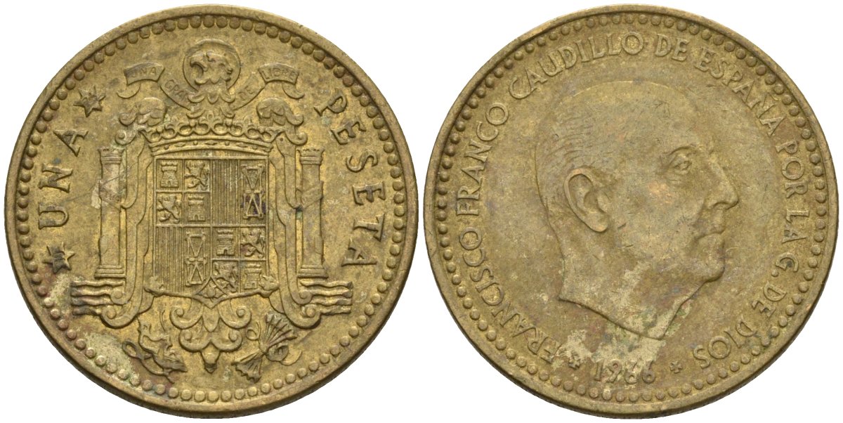 Испания 1 песета 1966 (74) Франсиско Франко (1939-1975) KM 796 алюминиевая бронза 3336-1243