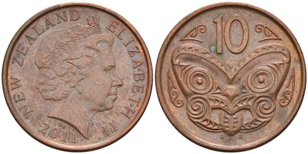 Новая Зеландия 10 центов 2011 маска Маори, Елизавета II (1952-) KM 117а сталь плакированная медью 4114-443