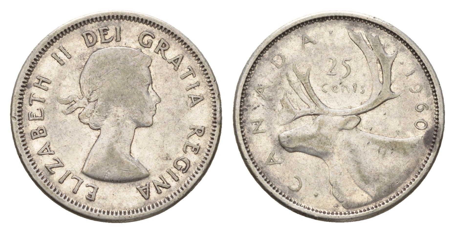 Канада 25 центов 1960 Елизавета II (1952-2022), олень KM 52 серебро 181-354