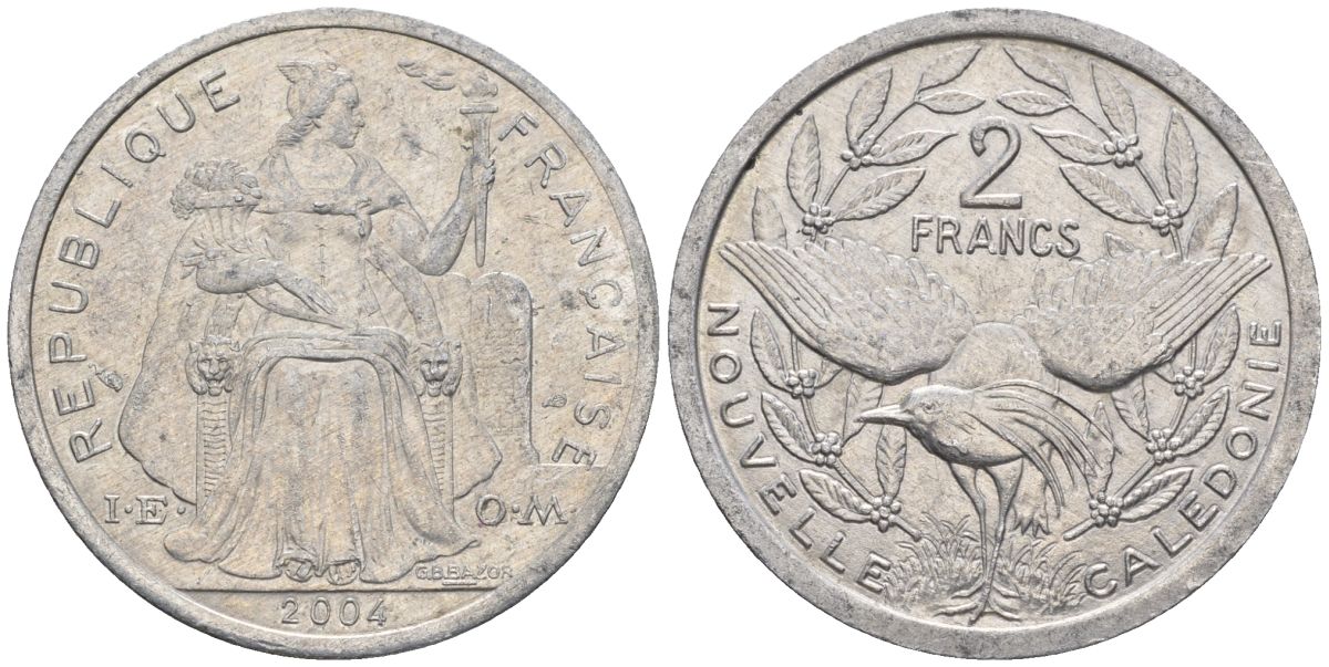 Французская Новая Каледония 2 франка 2004 птица кагу, (IEOM) KM 14, Schoen 11, Lec 68i алюминий    28-1125