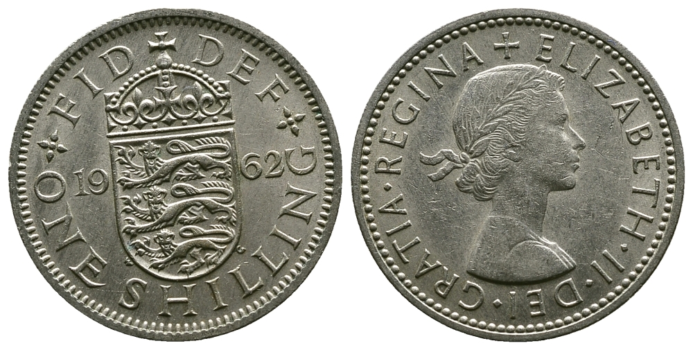 Великобритания 1 шиллинг 1962 Елизавета II (1952-2022), Английский герб KM 904, Spink 4147 медно-никель 4384-441