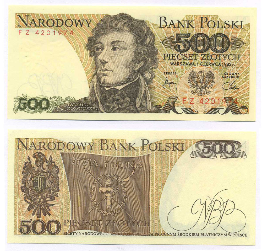 Польша 500 злотых 1982 Тадеуш Костюшко Pick 145 d бумага UNC (пресс) 8595-17-4-1