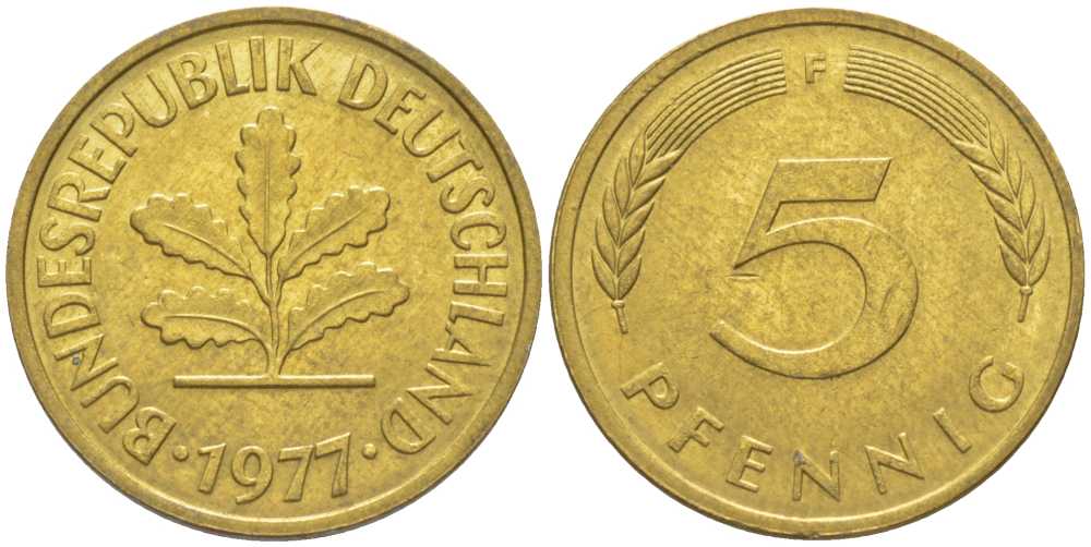 ФРГ 5 ПФЕННИГОВ 1977 F KM 107, J. 382 сталь плакированная латунью 116-263