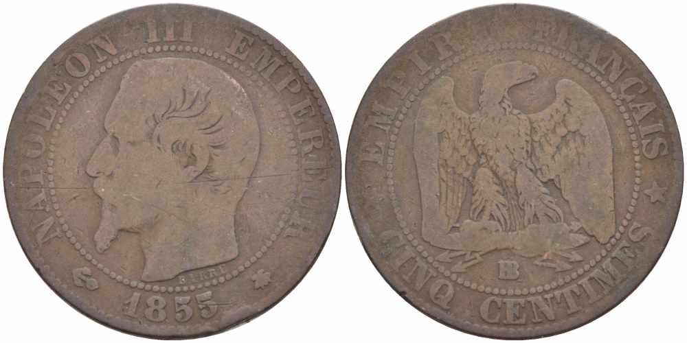 Франция 5 сантимов 1855 BB, Наполеон III (1852-1870) KM 777.3, LE FRANC 116.21 бронза 108-334