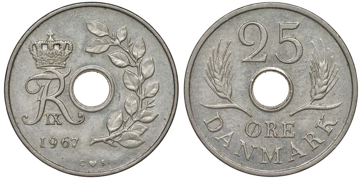 Дания 25 эре 1967 С; S, Фредерик IX (1947-1972) KM 855.1 медно-никель 62-535