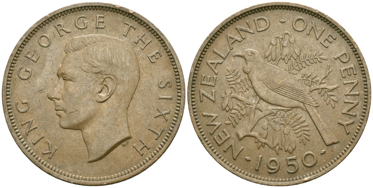 Новая Зеландия 1 пенни 1950 Георг VI (1936-1952), новозеландский туи KM 21 бронза 4536-242