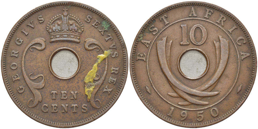 Британская Восточная Африка 10 центов 1950 Георг VI (1936-1952) KM 34 бронза 3333-1213