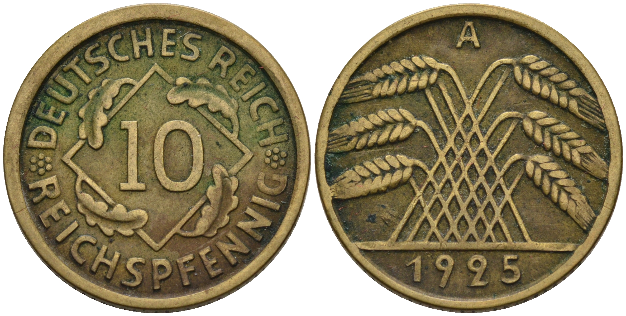 ГЕРМАНИЯ 10 РЕЙХСПФЕННИГОВ 1925 A KM 40, J.317 алюминиевая бронза 75-213