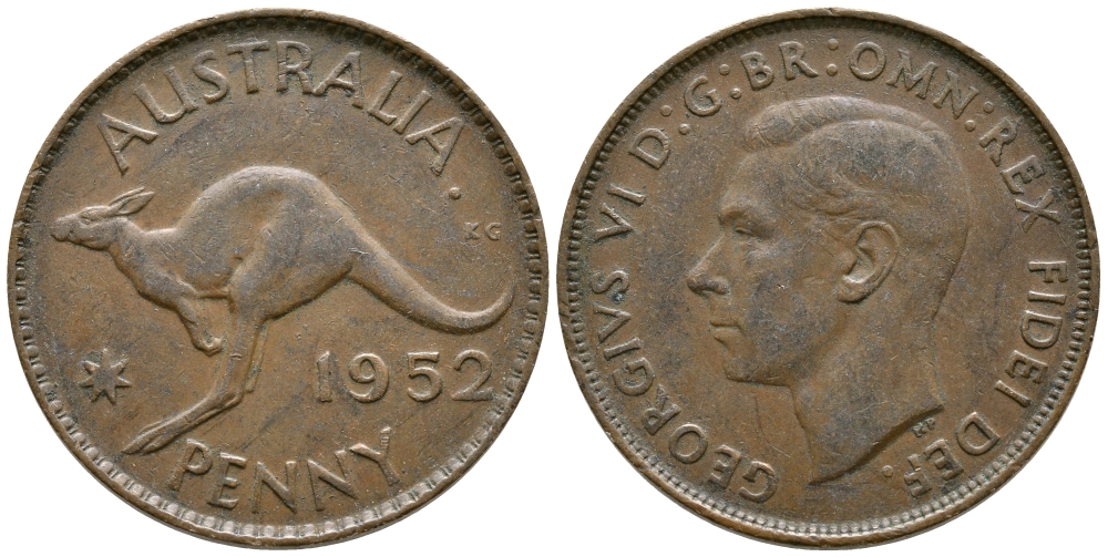 Австралия 1 пенни 1952 m, Георг VI (1937-1952), кенгуру KM 43 бронза 84-1124