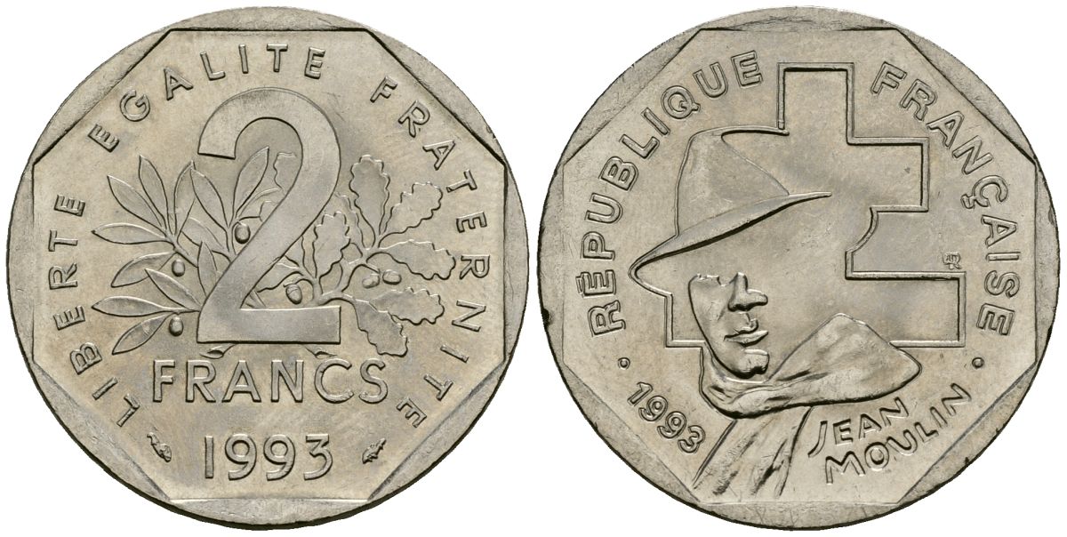 Франция 2 франка 1993 Жан Мулен, 50 лет Национальному движению сопротивления KM 1062, Le Franc 273.2 никель 4120-432