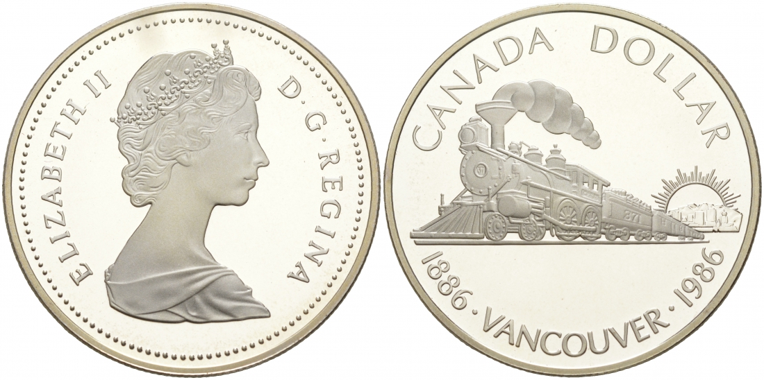 Канада 1 доллар 1986 100 лет Ванкуверу, паровоз KM 149 серебро PROOF M6-18