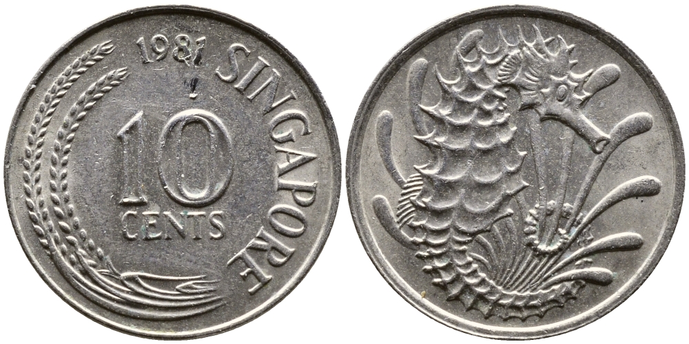 СИНГАПУР 10 ЦЕНТОВ 1981 МОРСКОЙ КОНЕК KM 3 медно-никель 26-1015