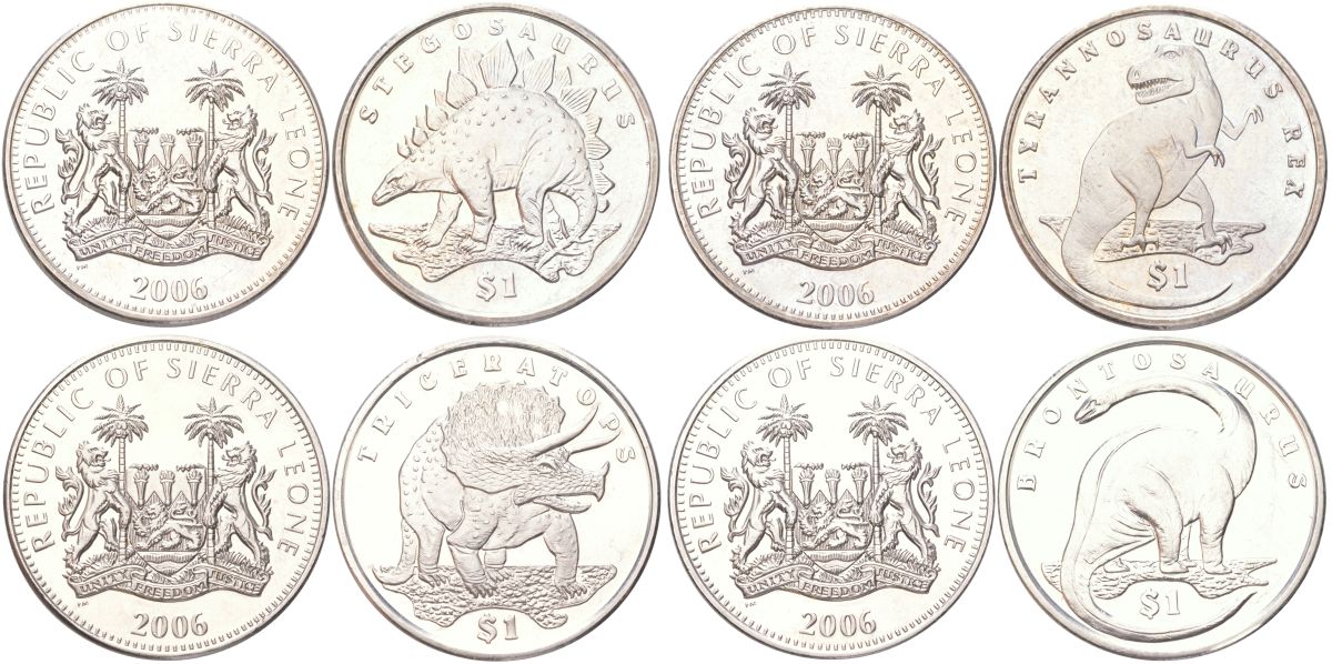 Сьерра-Леоне полный набор из 4 монет (1 доллар) 2006 Динозавры - Стегозавр, Тираннозавр, Трицератопс и Бронтозавр KM 308, 309, 310 и 324 медно-никель BU 00-00